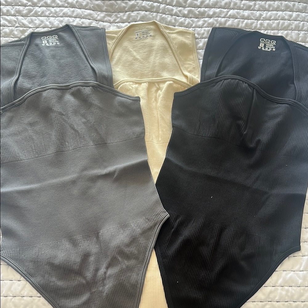 OQQ Women's 3 Piece Bodysuits  black, gray, cream